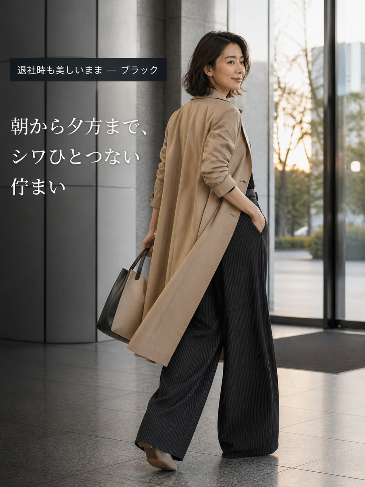 【デザインストライプ ハイウエストワイドスラックス】