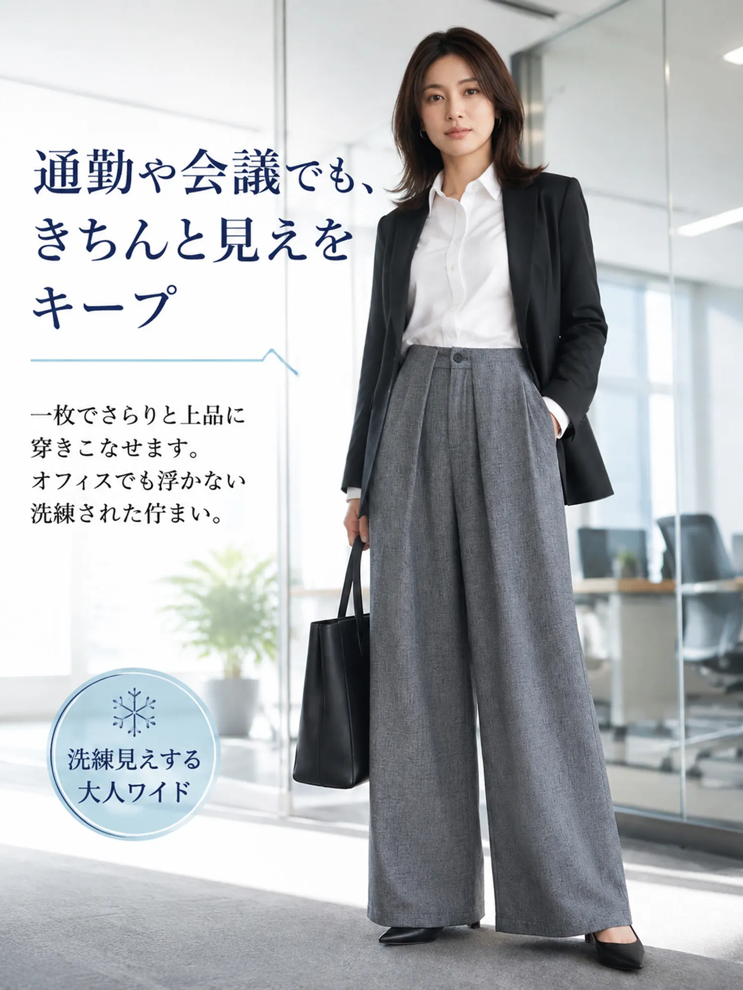 【落ち感きれいめ通勤スラックス】立体ツータックウエスト×ベルト付きデザインで、窮屈感を抑えてすっきり見え