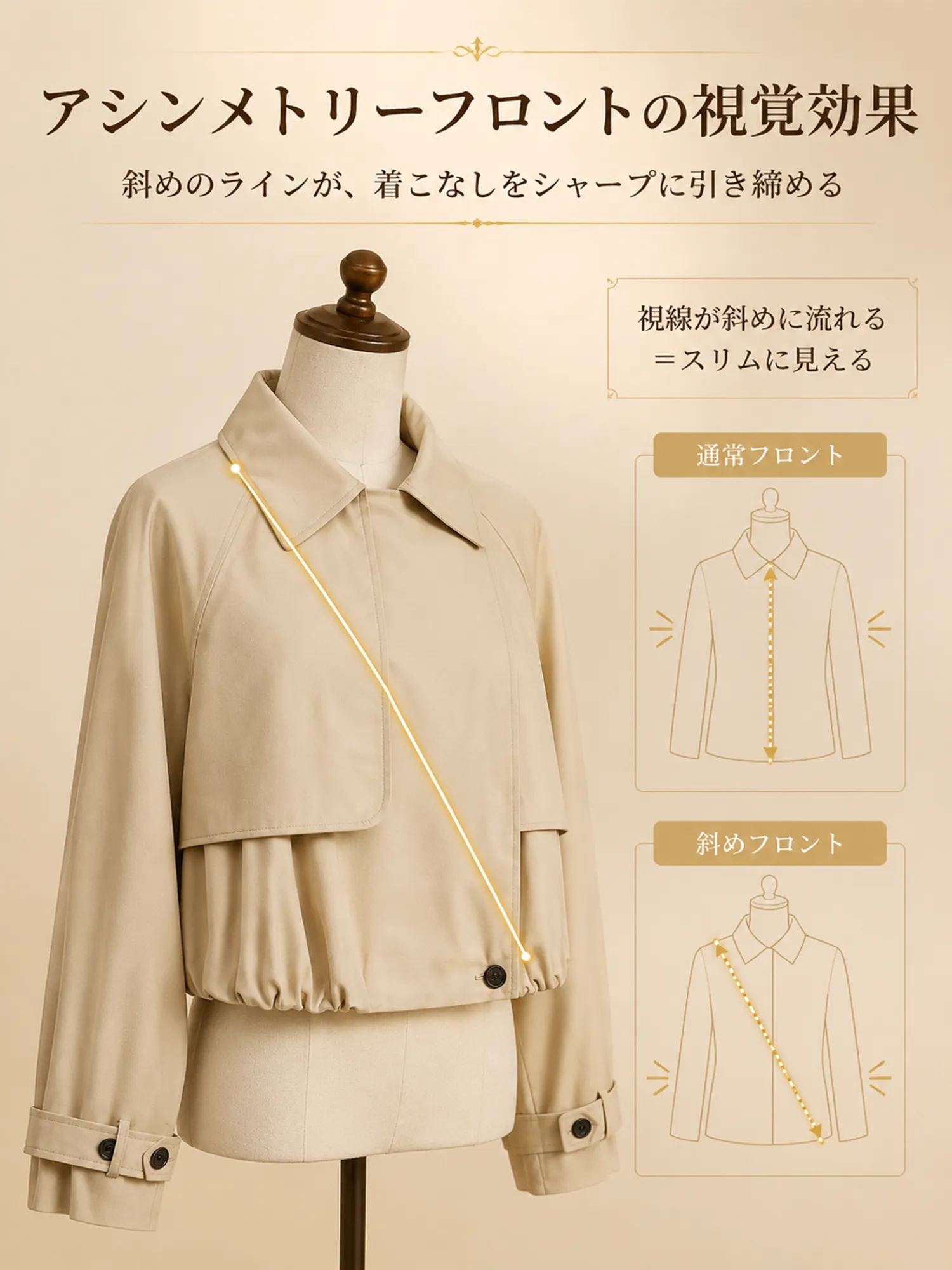 【裾ギャザーショートトレンチジャケット】 ワイドラペル＋アシンメトリーフロントで、 肩まわり・首元をすっきり見せ、きちんと感をプラス。