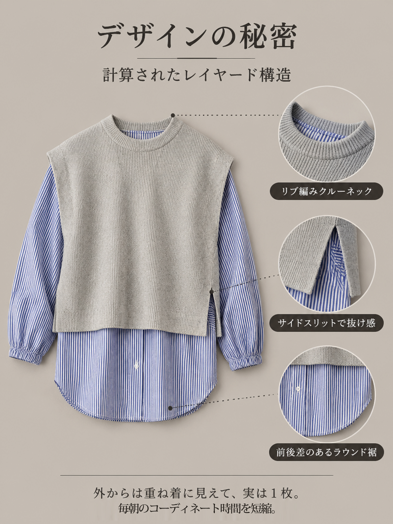 【クルーネック配色切り替え ゆったりトップス＋シャツ】