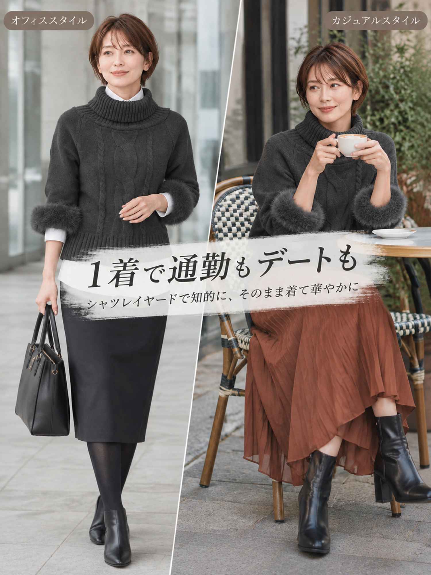 【ニュアンス漂う ファー切替 ワイドハイネック コンパクトニット】