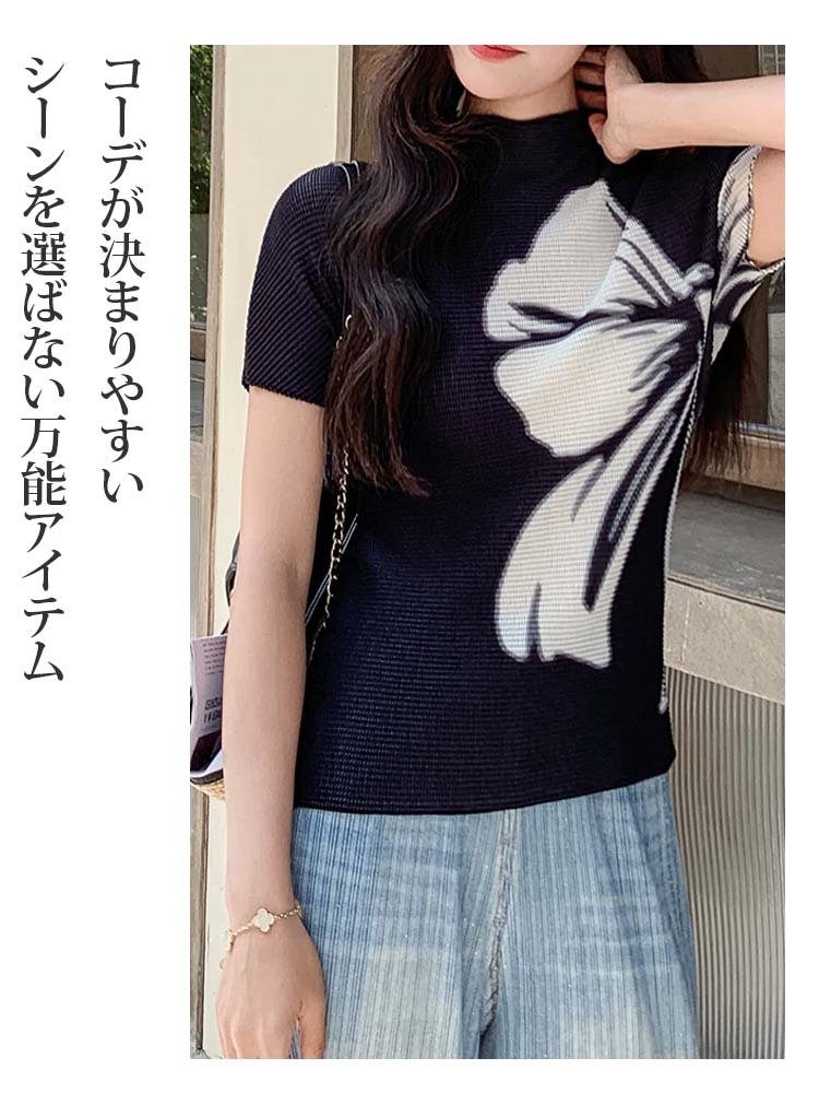 【洗練された通勤の必須アイテム】白黒リボンプリント、程よい凹凸感のあるプリーツブラウス-sosove
