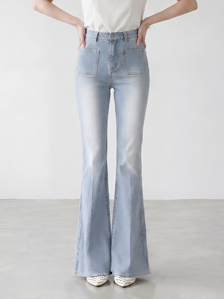 sosove-双兜磨白牛仔微辣长裤