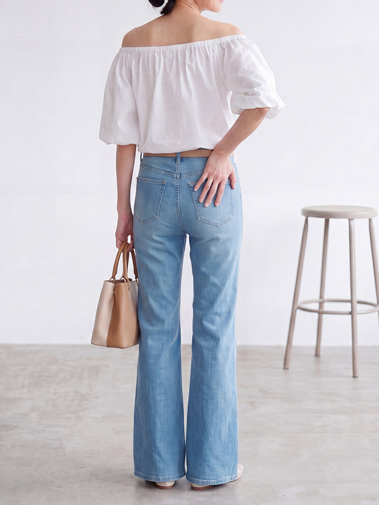 【ドレープハイウエスト微フレアジーンズ】柔らか素材・シワ知らず・脚に貼りつかない・脚長補正・万能シーン対応