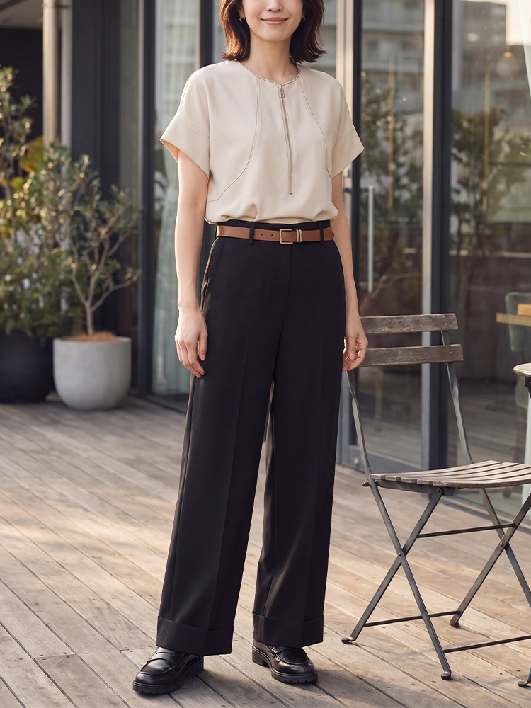 【ベルト付き、テーラードワイドパンツ】ハイウエスト、ベルト付き。細見えシルエット、脚長補正効果抜群、通勤にも万能。