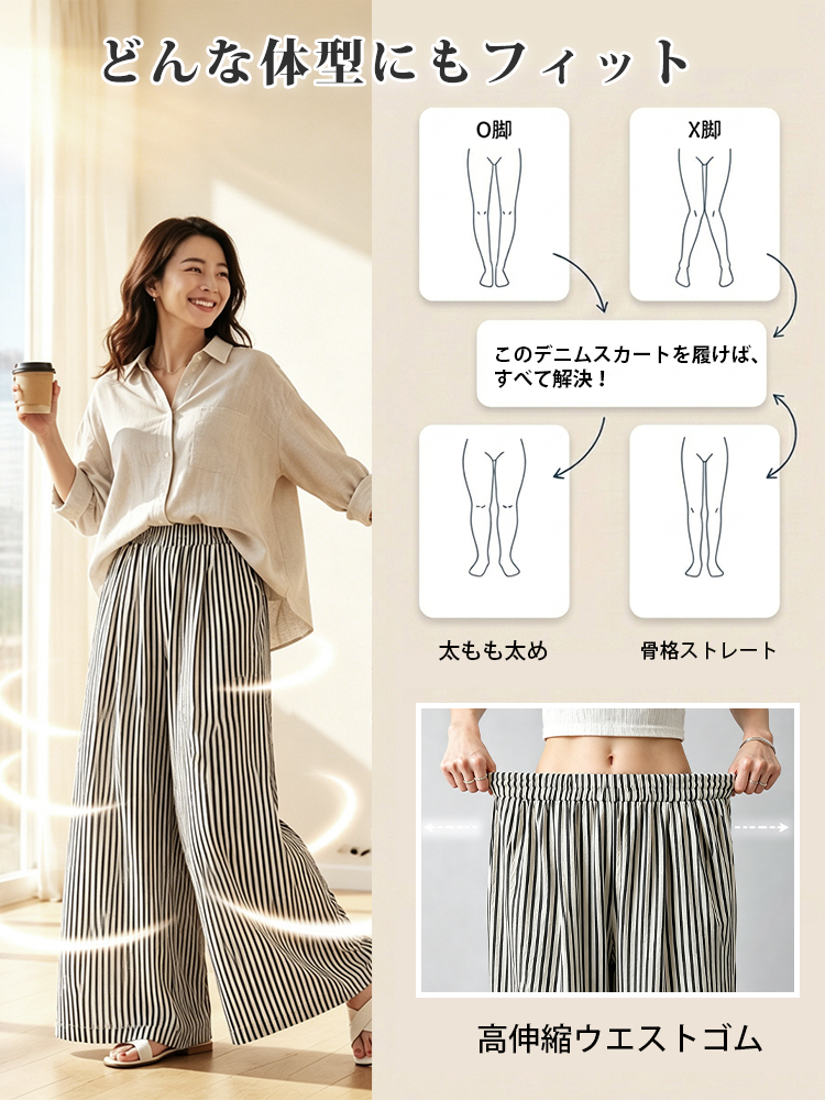 【ストライプゴムパンツ】縦ラインが脚長＆スタイルアップ効果を演出。