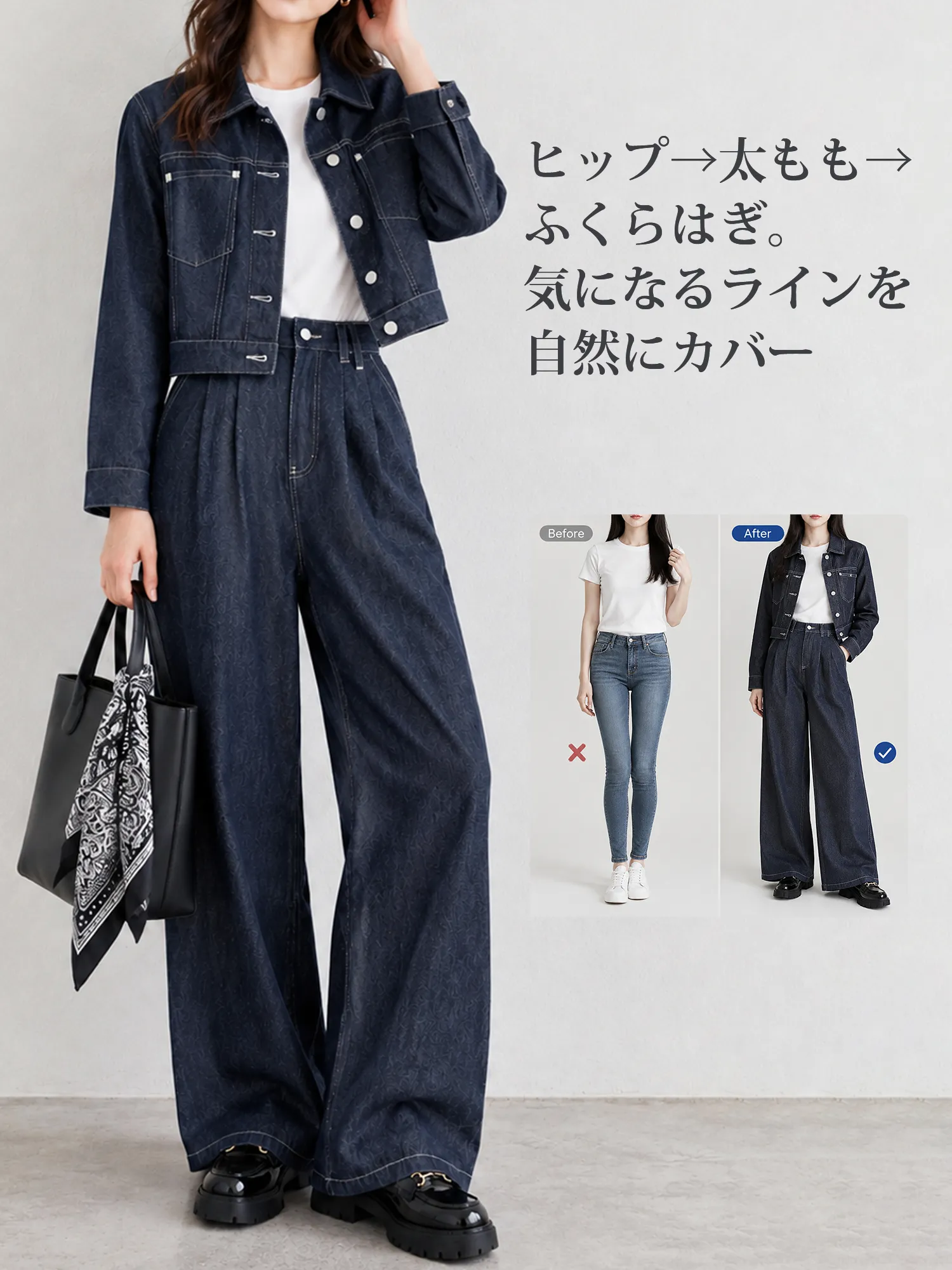 【スカーフ付き】デザインボタン短丈デニムジャケット＆ハイウエストワイドパンツセットアップ