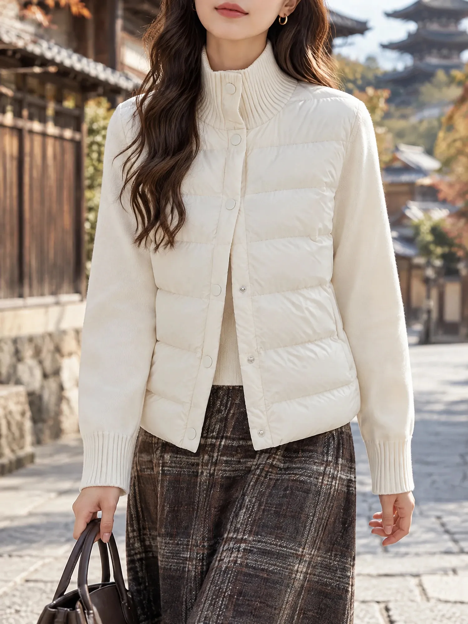 【軽くて暖かい パールフリース×ニット切り替えスタンドカラージャケット】