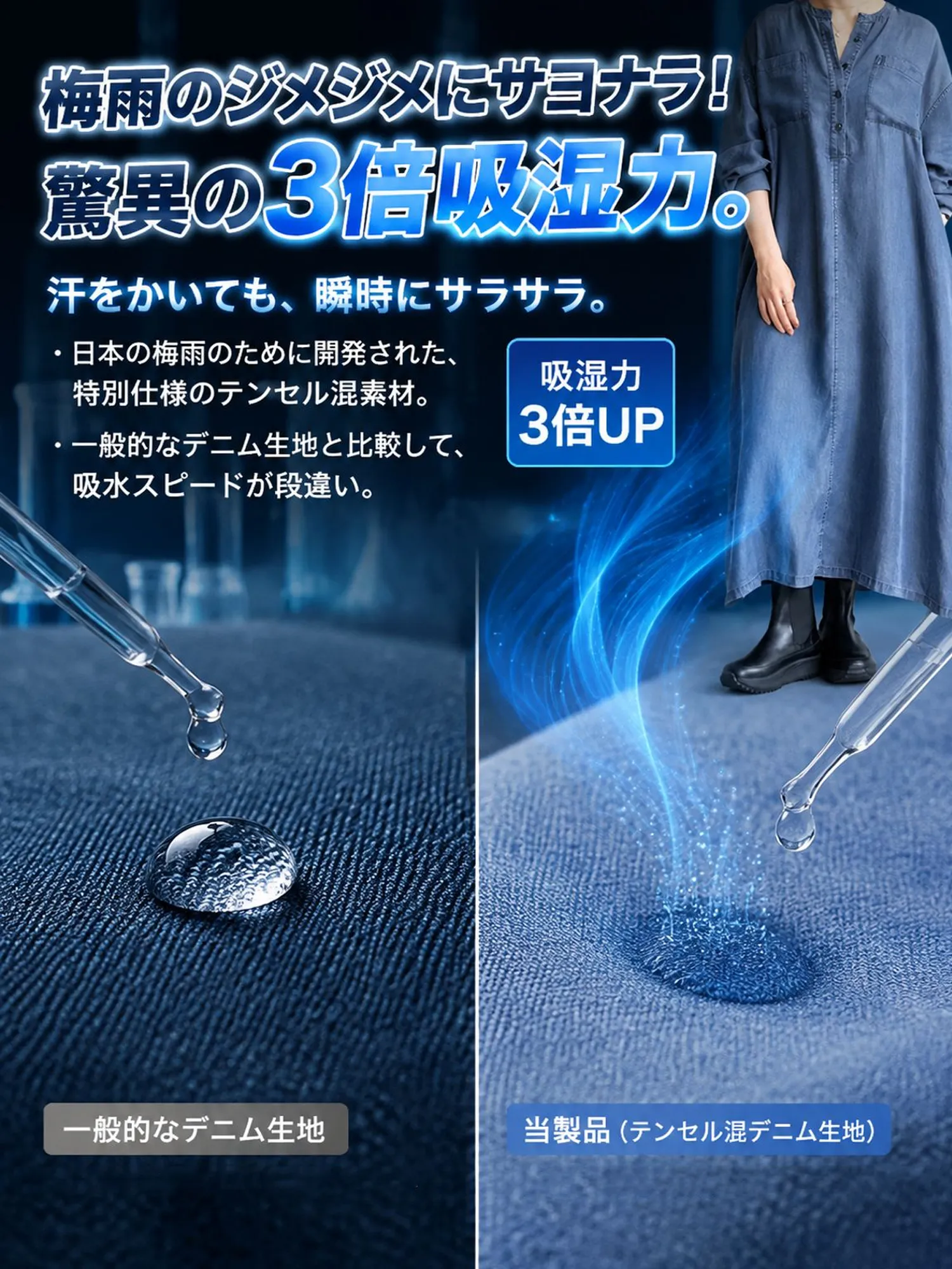 【ヴィンテージ風ルーズデニムシャツワンピース】ゆったりとしたストレートシルエットが、ウエスト・ヒップ・脚のラインを自然にカバー