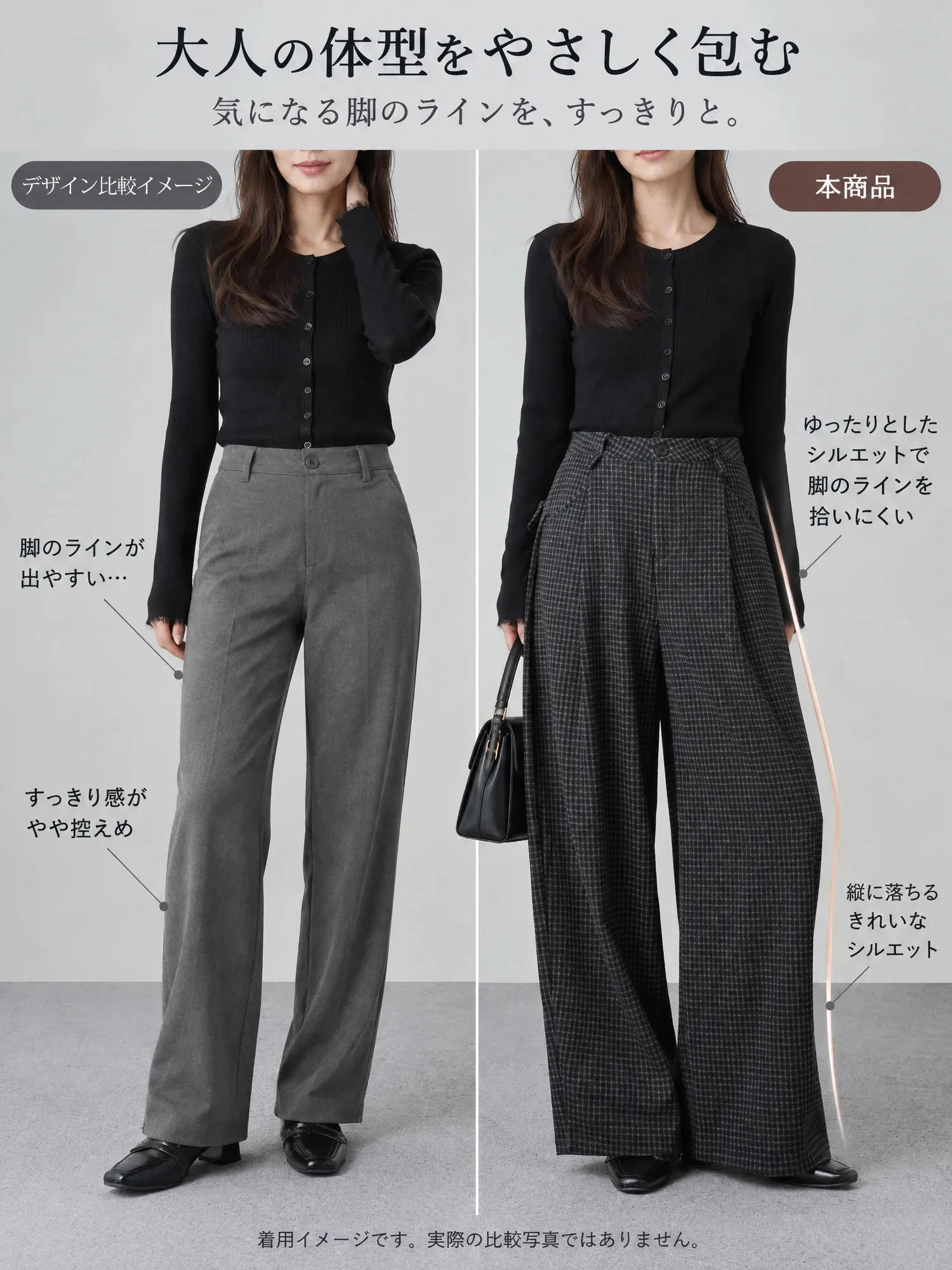 【レトロな千鳥格子柄 ハイウエストカーブパンツ ワイドシルエット 秋冬】