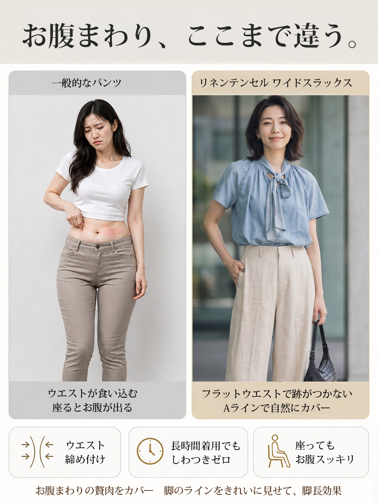 【フレンチ上品な細見え リネンテンセルワイドテーラーパンツ】ハイファッションの構築的なカットが、お腹まわりをしっかりカバーしながら、まっすぐで美しい脚のラインを再び作り出します。-sosove