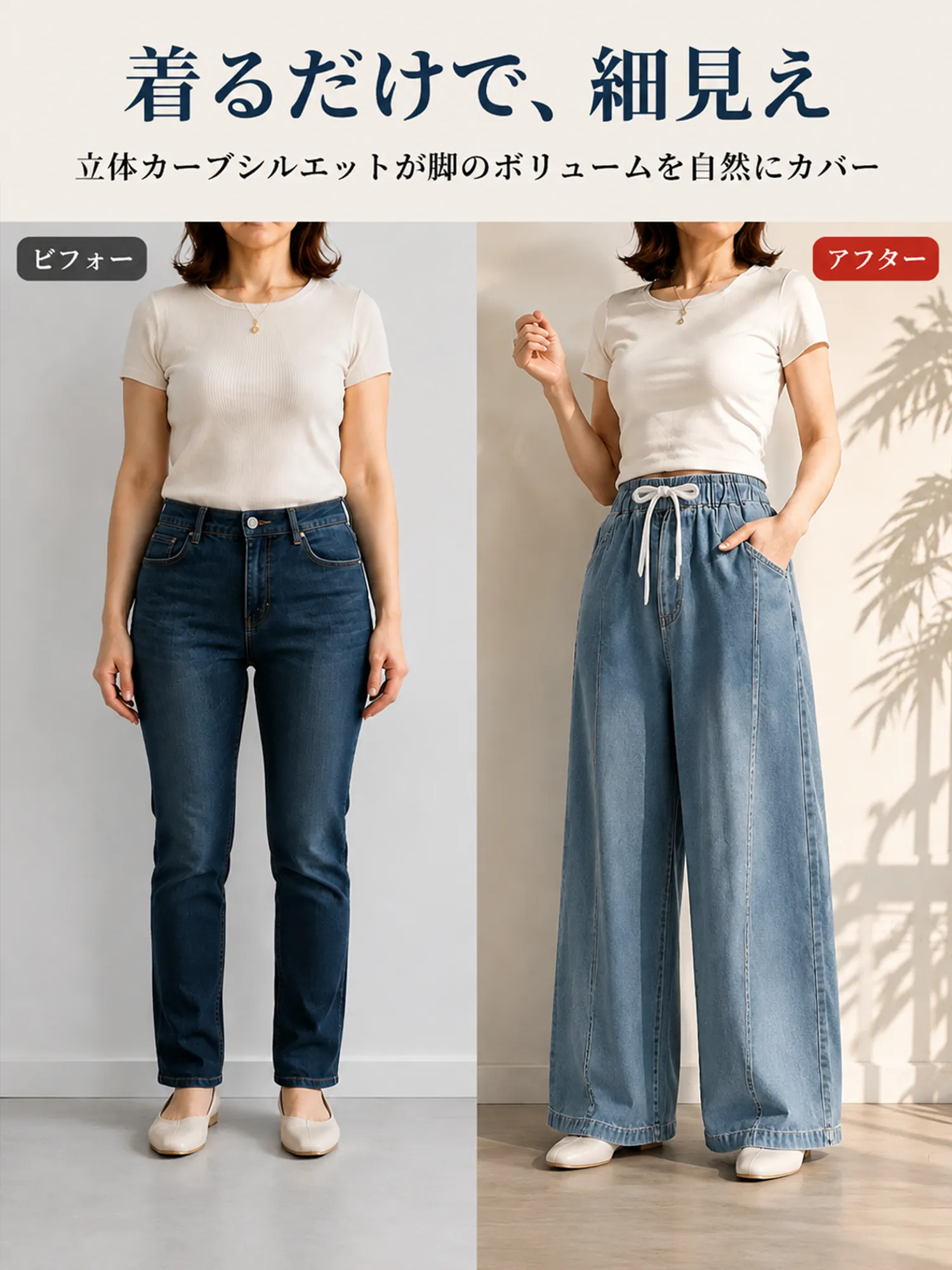 【黄金比バランス設計】腰まわりをカバーするハイウエストデニムパンツ