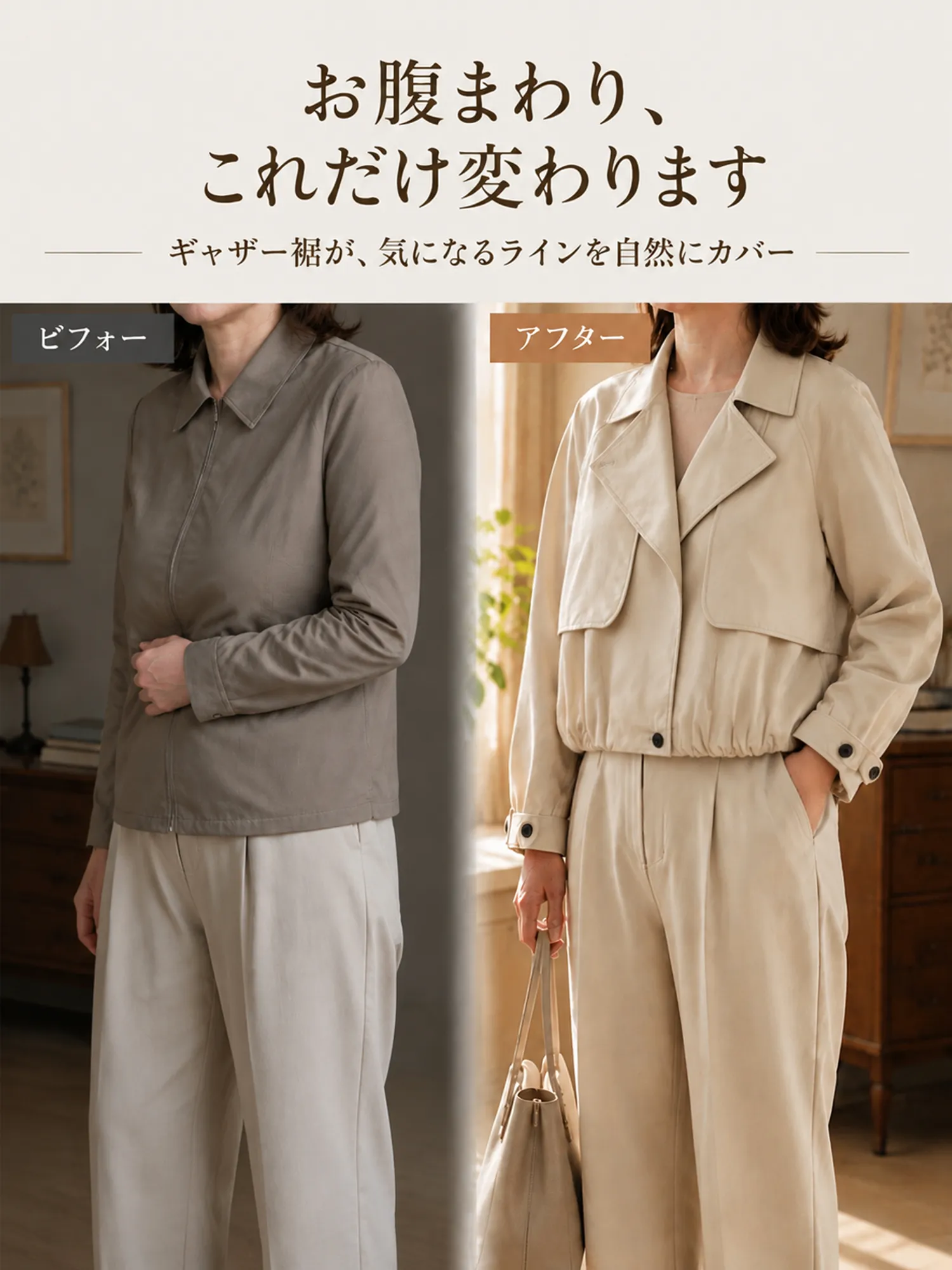 【裾ギャザーショートトレンチジャケット】 ワイドラペル＋アシンメトリーフロントで、 肩まわり・首元をすっきり見せ、きちんと感をプラス。