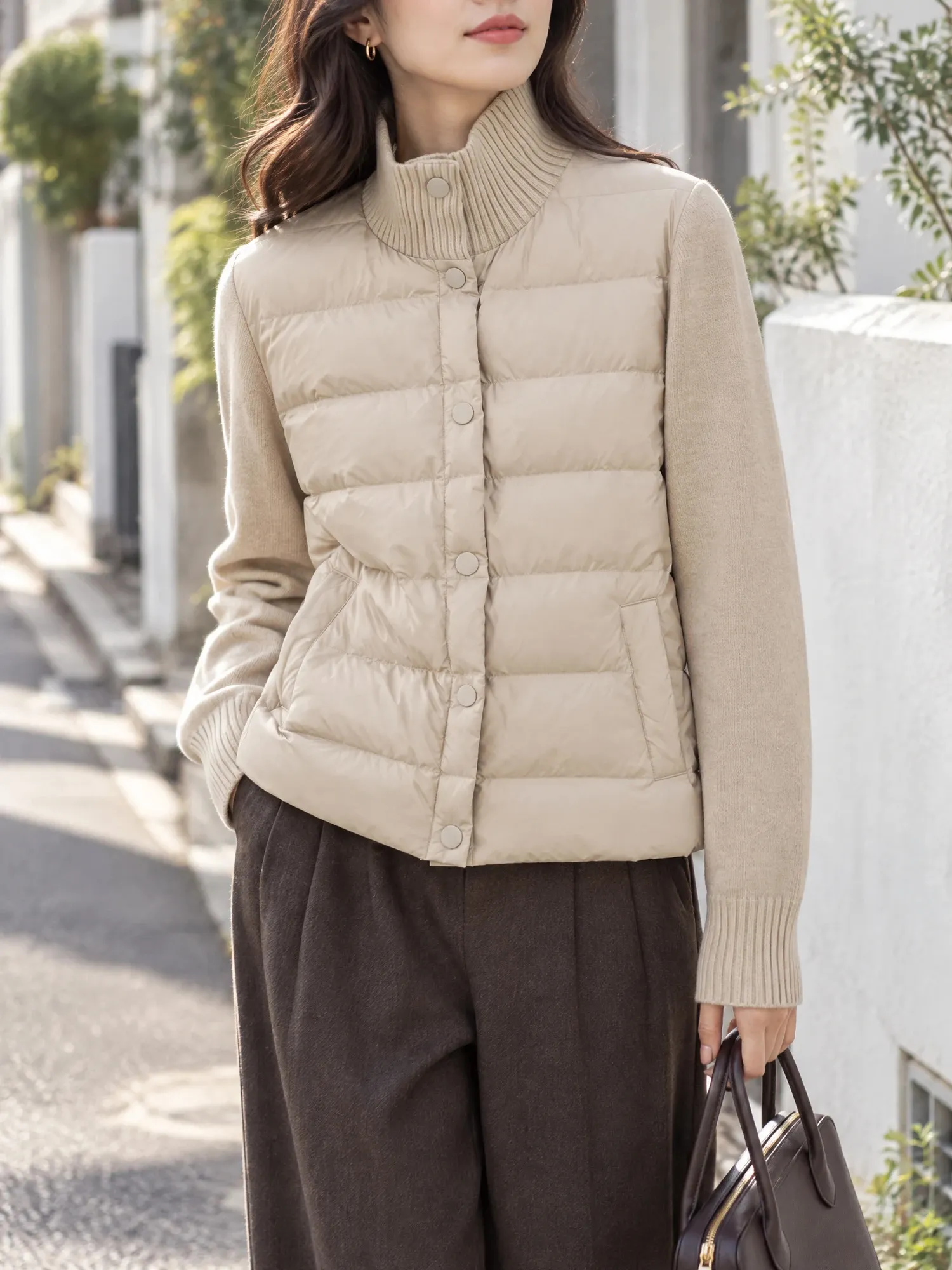 【軽くて暖かい パールフリース×ニット切り替えスタンドカラージャケット】