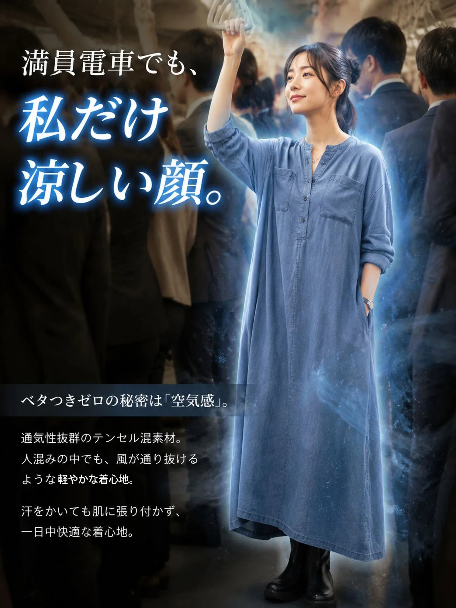 【ヴィンテージ風ルーズデニムシャツワンピース】ゆったりとしたストレートシルエットが、ウエスト・ヒップ・脚のラインを自然にカバー
