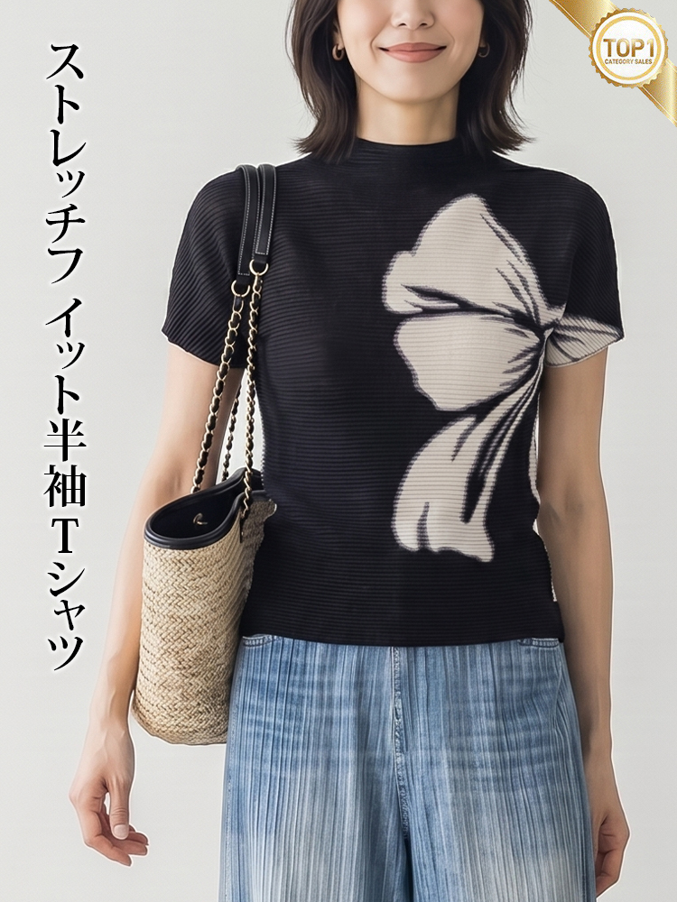 【洗練された通勤の必須アイテム】白黒リボンプリント、程よい凹凸感のあるプリーツブラウス-sosove