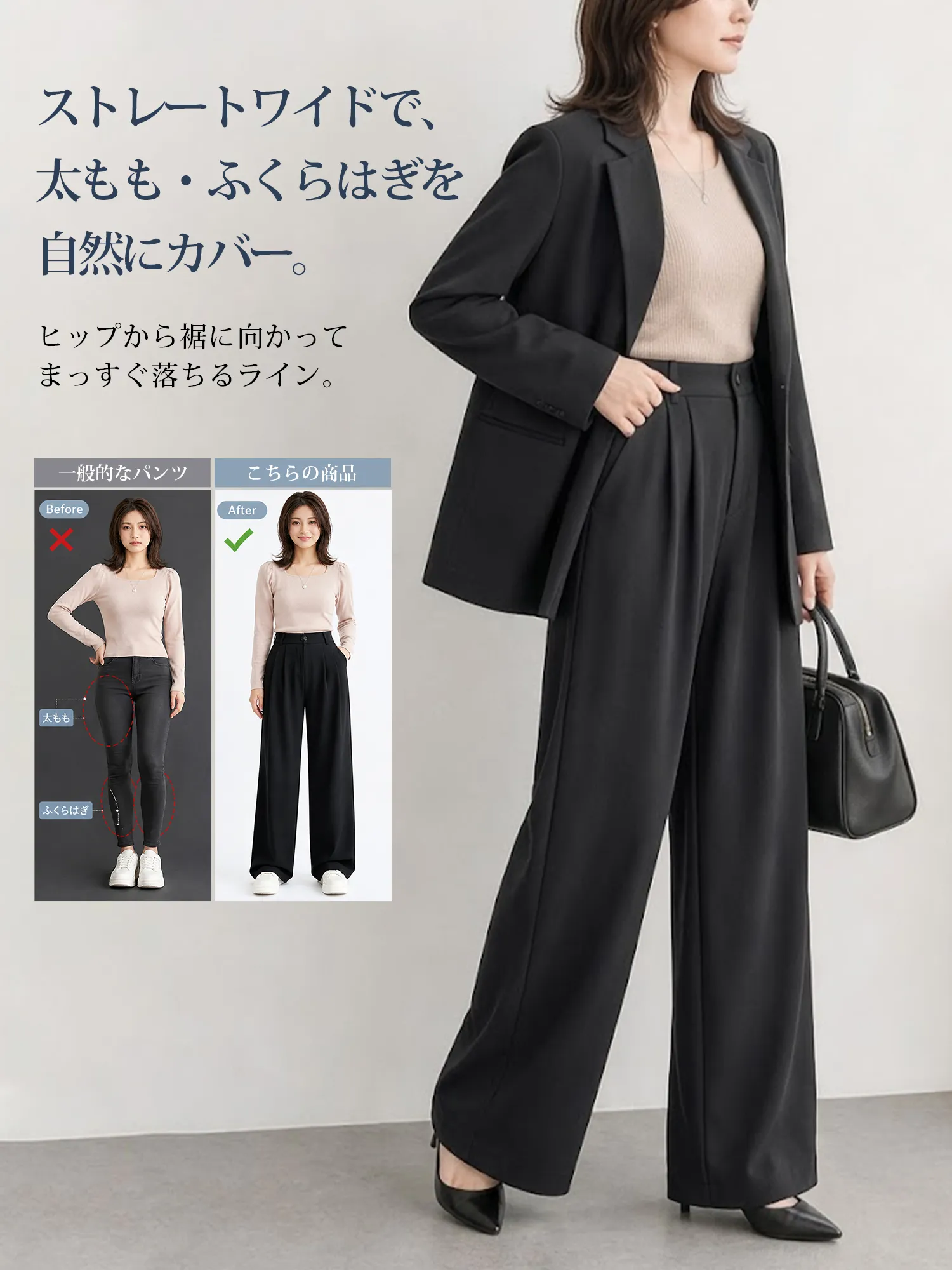 【上品な落ち感で細見え】すらっと脚長見えストレートワイドスラックス