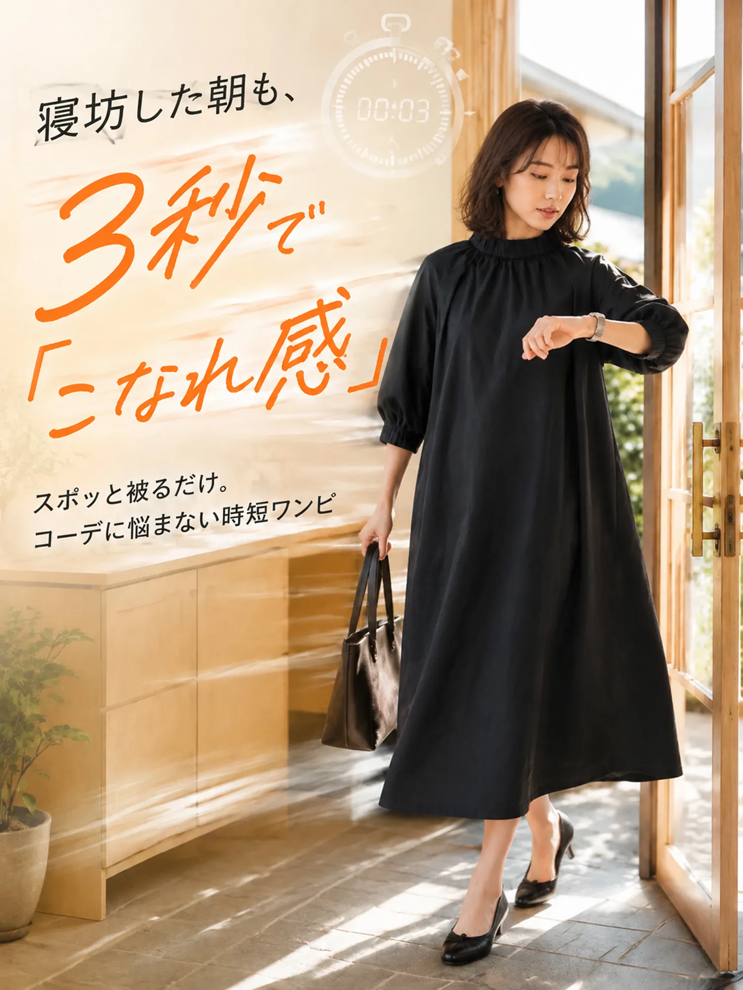 【SOSOVE】無地スタンドカラー 上品Aラインミモレ丈ワンピース