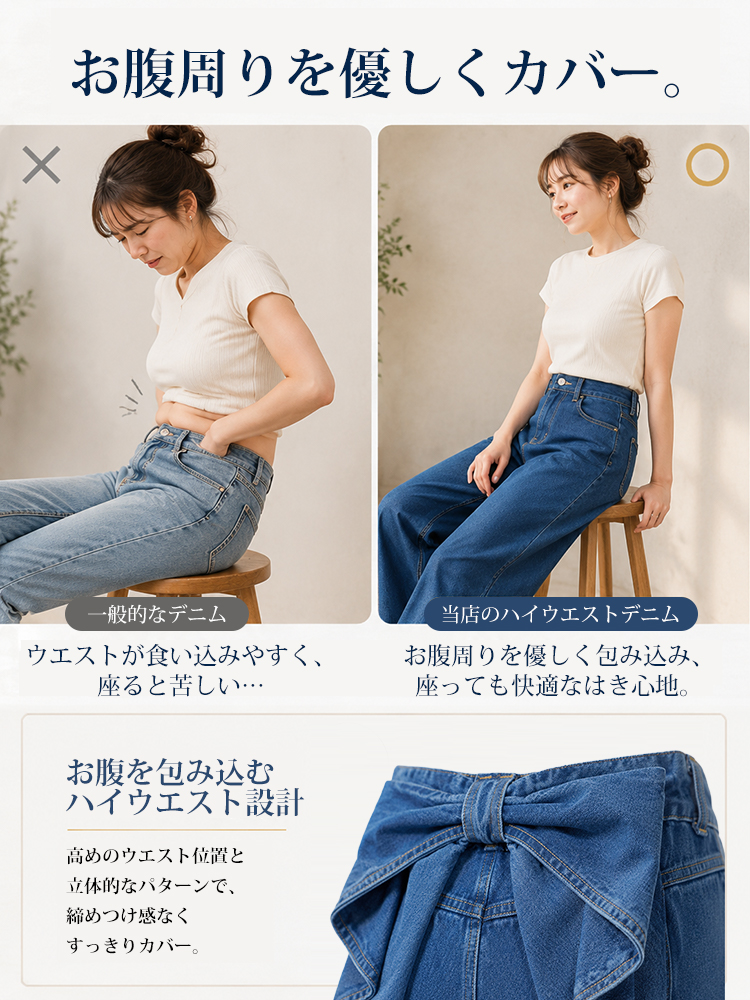 【リボン付き】ハイウエスト＆細見え効果抜群のワイドデニムパンツ。理想的なシルエットを叶えます。-sosove