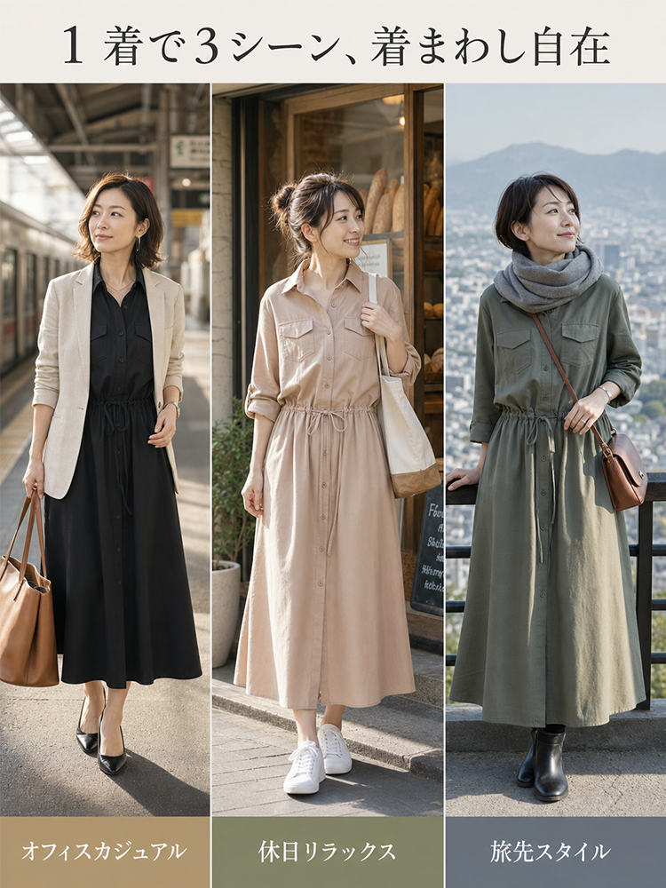 襟付き・ミモレ丈・カジュアル・長袖シャツワンピース