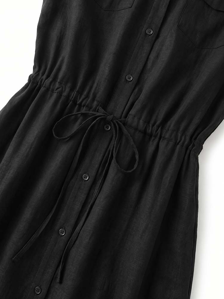 【ノースリーブポケット付きミディ丈レイヤードカラーワンピース】ストンと落ちるドレープ×カーゴ風ミニ襟。わき肉を隠してフェイスラインすっきり。ハイウエストドローコードで体型調整も自在。-sosove