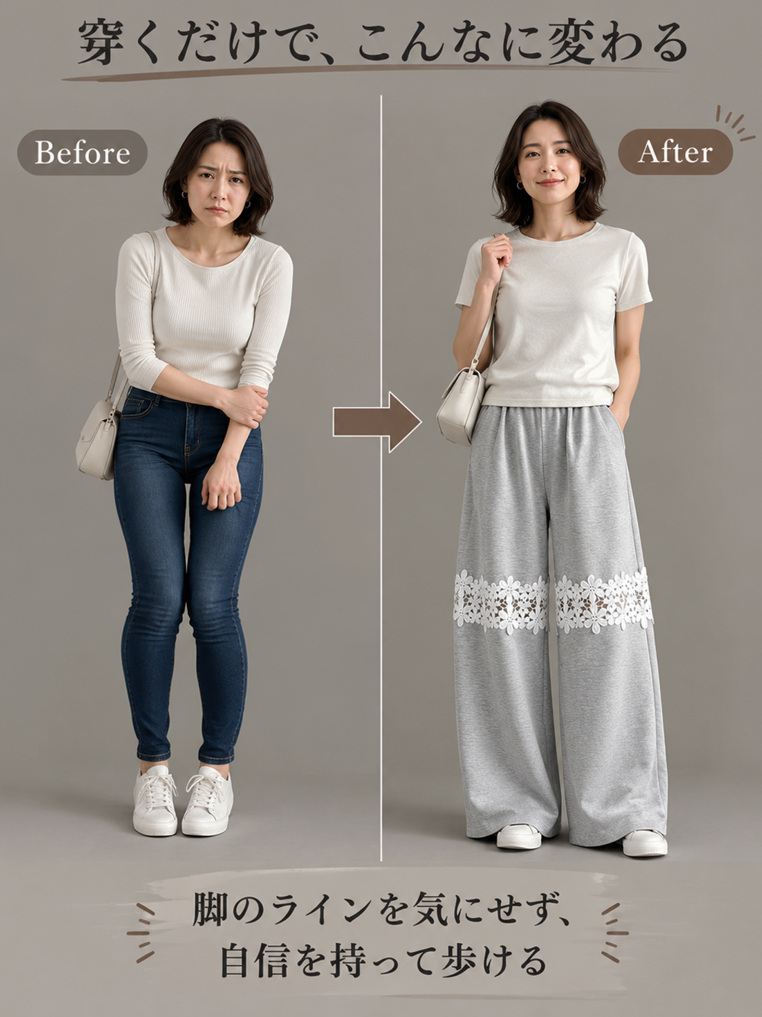 【シンプル上品 レース切り替えワイドパンツセット】