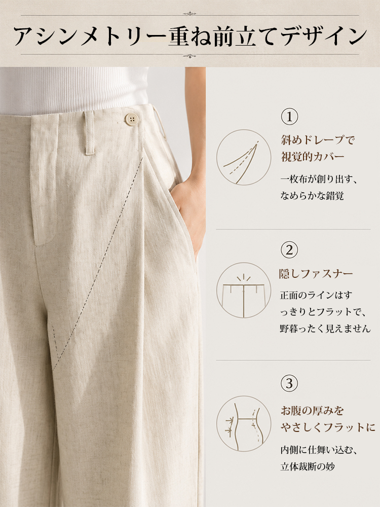 【フレンチ上品な細見え リネンテンセルワイドテーラーパンツ】ハイファッションの構築的なカットが、お腹まわりをしっかりカバーしながら、まっすぐで美しい脚のラインを再び作り出します。-sosove