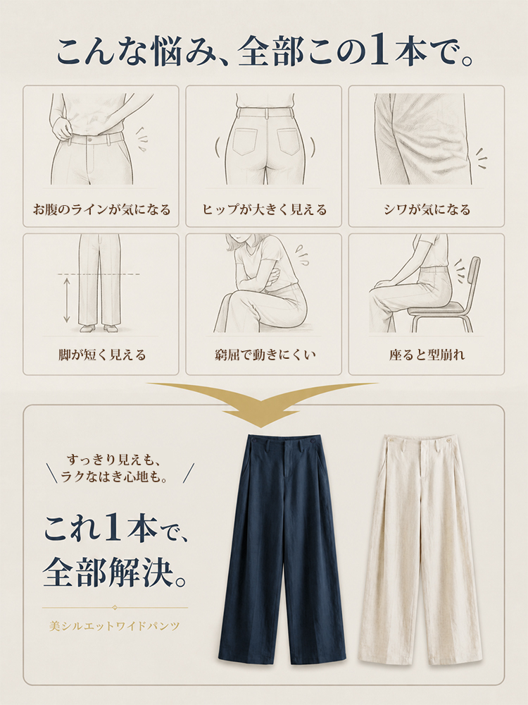 【フレンチ上品な細見え リネンテンセルワイドテーラーパンツ】ハイファッションの構築的なカットが、お腹まわりをしっかりカバーしながら、まっすぐで美しい脚のラインを再び作り出します。-sosove