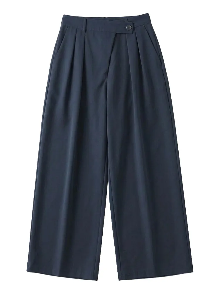 【アシンメトリーハイウエストワイドパンツ】折り込み斜め前立て、ドレープスラックス。前すっきり後ろゆとりで快適。