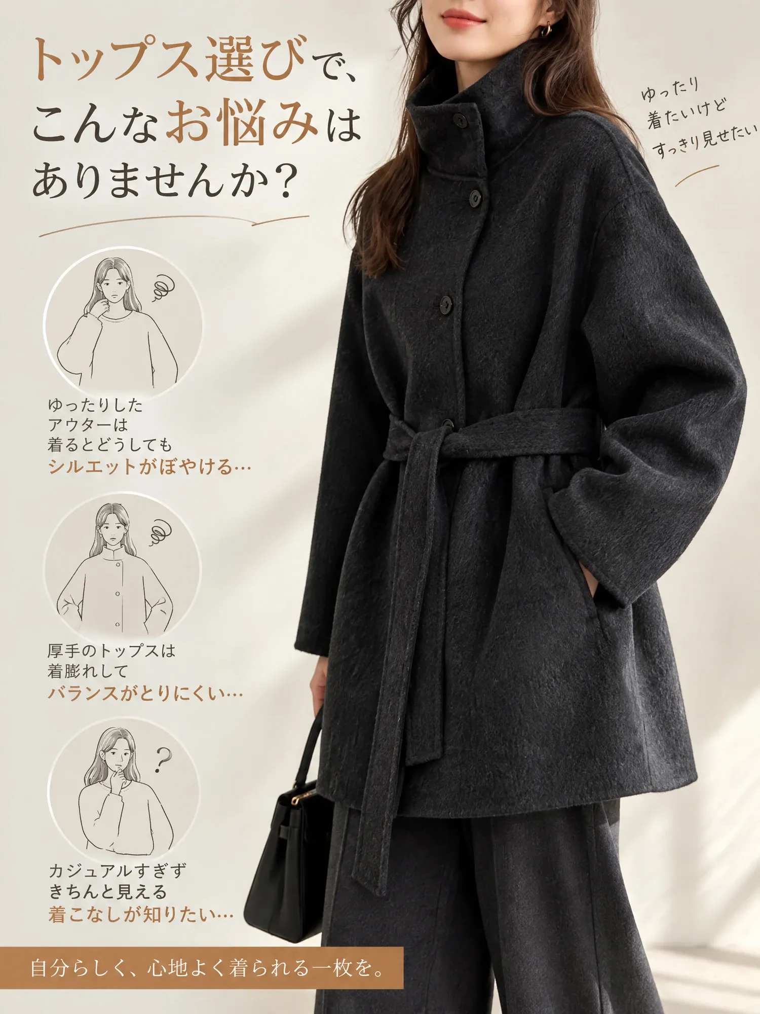 【特価】定番売れ筋 秋冬物 スタンドカラー 高級感 ゆるっと 厚手 ミドル丈 ダブルフェイスウールコート