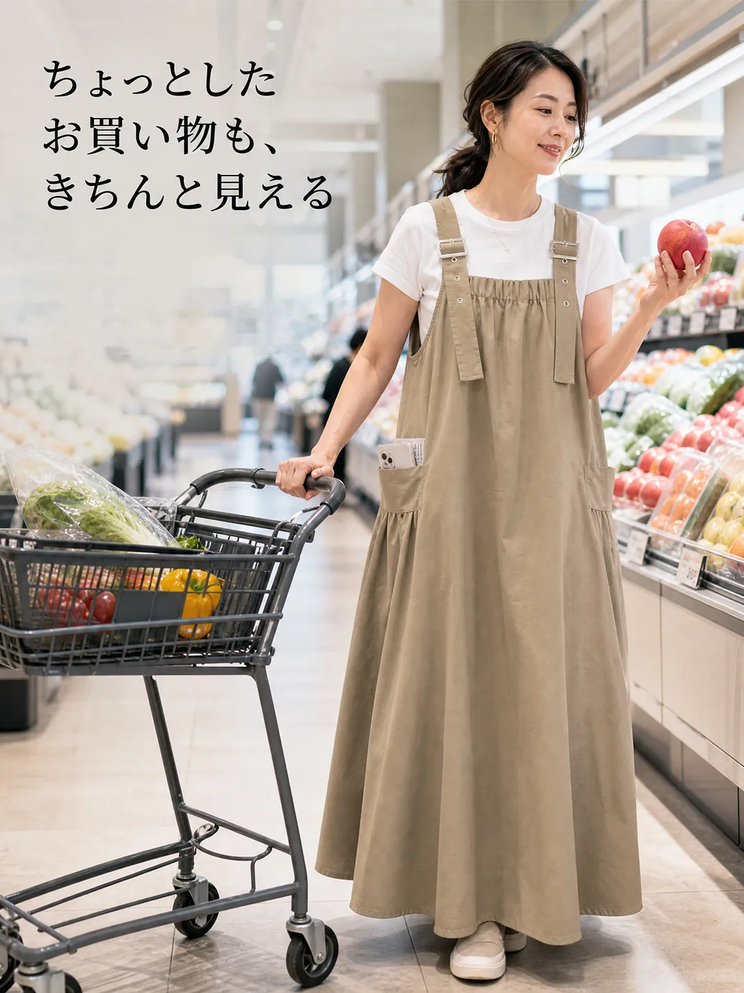 大きめポケット付き 膝下丈 ゆったりジャンパースカート