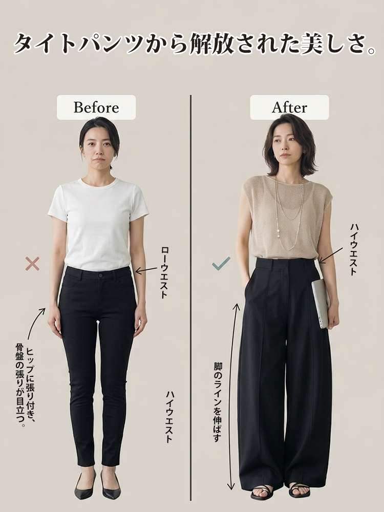 【リラックス見えやせ ストレートワイド テーラードパンツ】ハイウエスト＆幅広ベルトでウエストを美しく整え、立体的なコクーンシルエットがヒップ・太もも・脚のラインを自然にカバーします-sosove