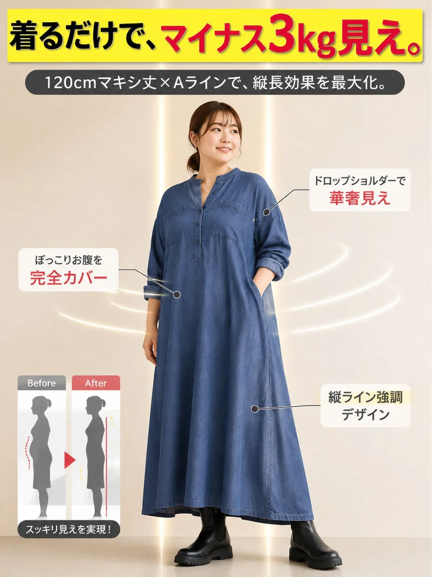 【ヴィンテージ風ルーズデニムシャツワンピース】ゆったりとしたストレートシルエットが、ウエスト・ヒップ・脚のラインを自然にカバー