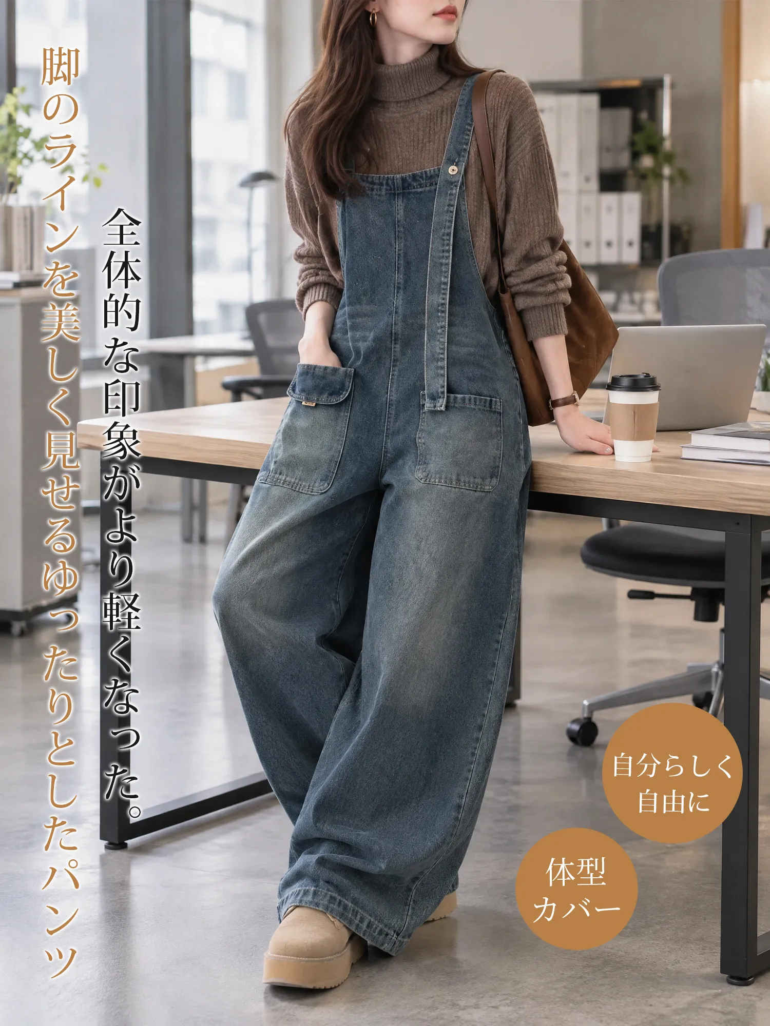 【レディース デニムサロペット アシンメトリーショルダー ワイドパンツ ポケット付き 】