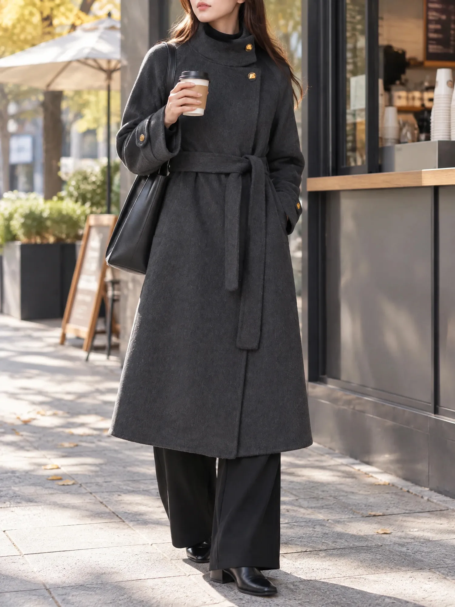 【ウール混ロングコート・秋冬アウター】通勤にも使える上品なデザイン、すっきりとした大人の着こなし
