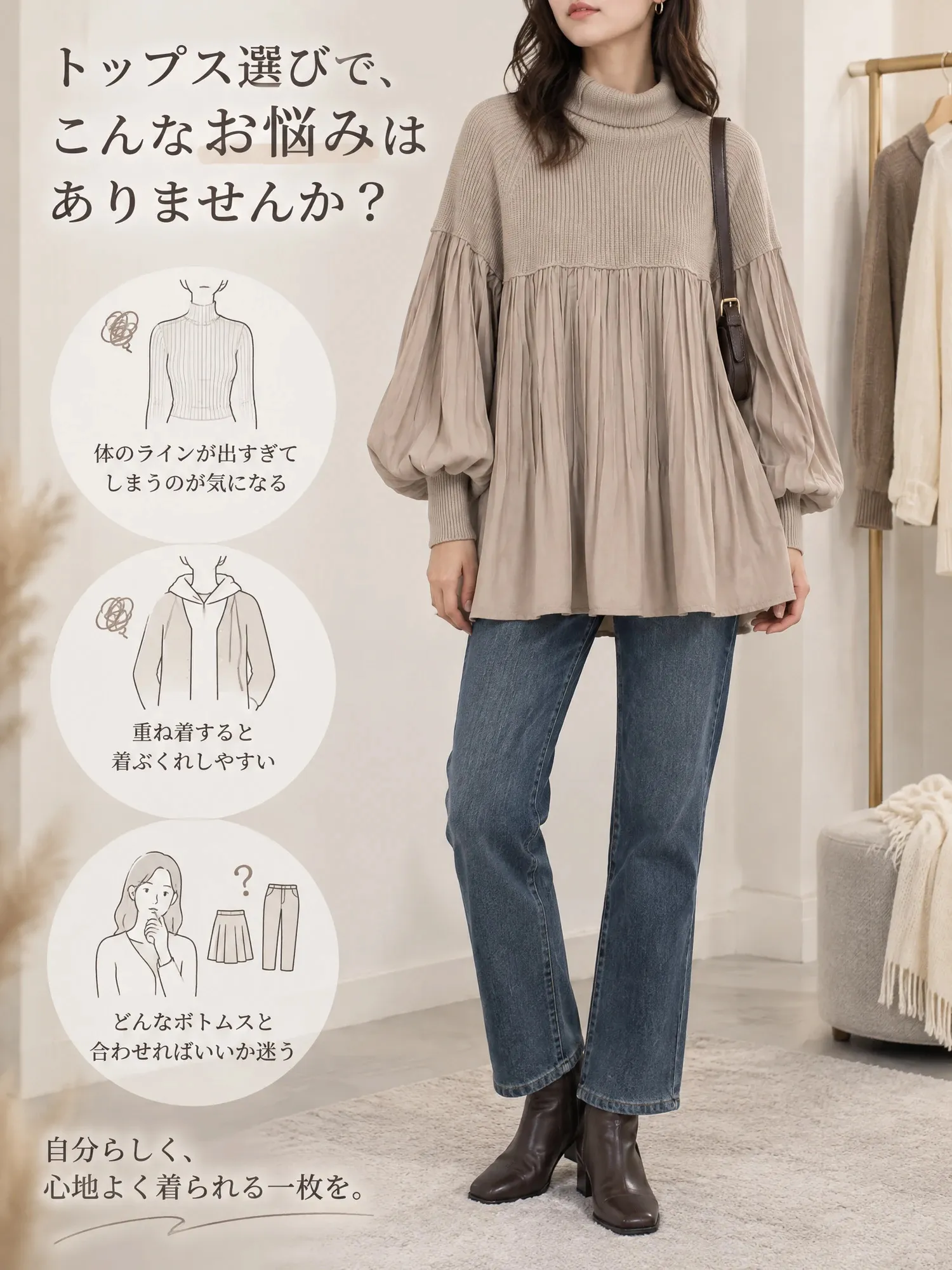 【切替デザイン ハイネックニット アコーディオンプリーツトップス】