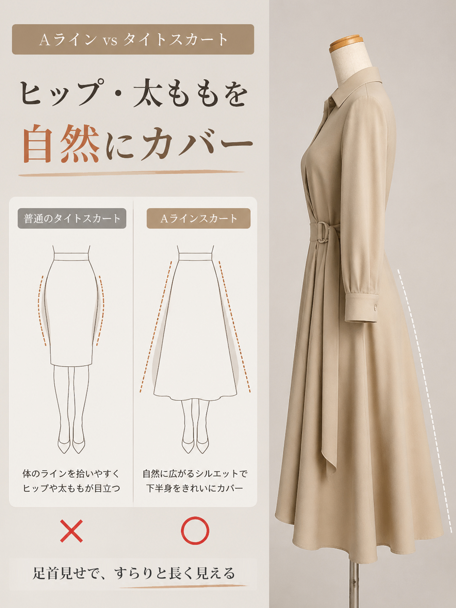 【日系コットンリネン丸首プルオーバーワンピース】 胸下のハイウエストギャザーとふんわり広がるスカートで、お腹まわりや脚のラインを自然にカバー。リラックス感と通気性のよい快適な着心地を両立。