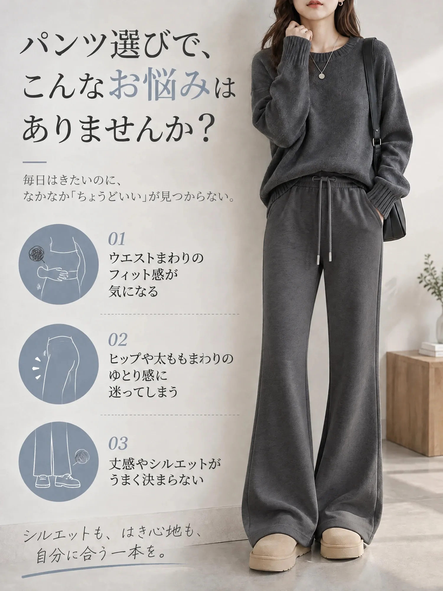 【ハイウエスト美脚・着痩せ 小柄さん向け 微フレアスウェットパンツ】
