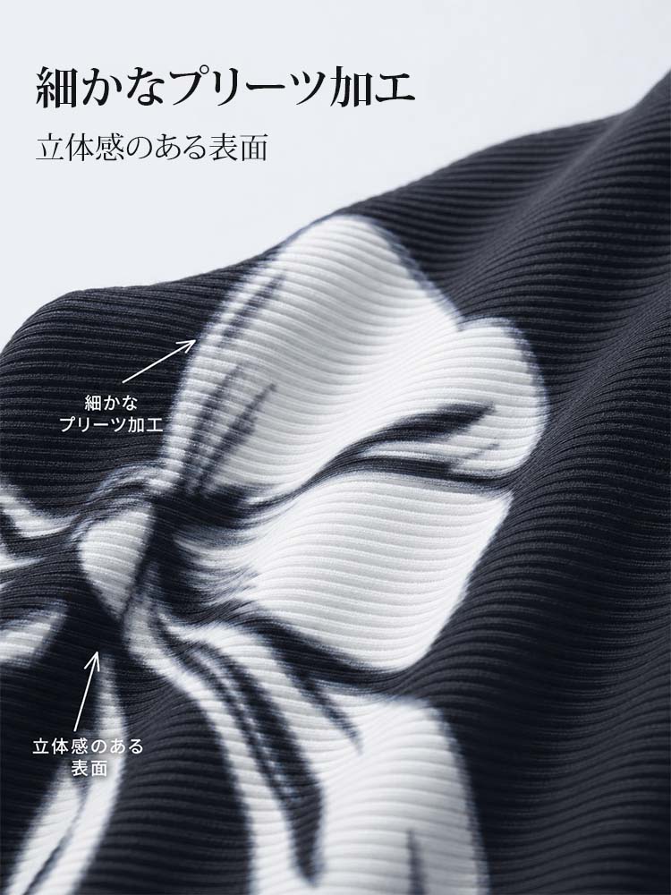 【洗練された通勤の必須アイテム】白黒リボンプリント、程よい凹凸感のあるプリーツブラウス-sosove