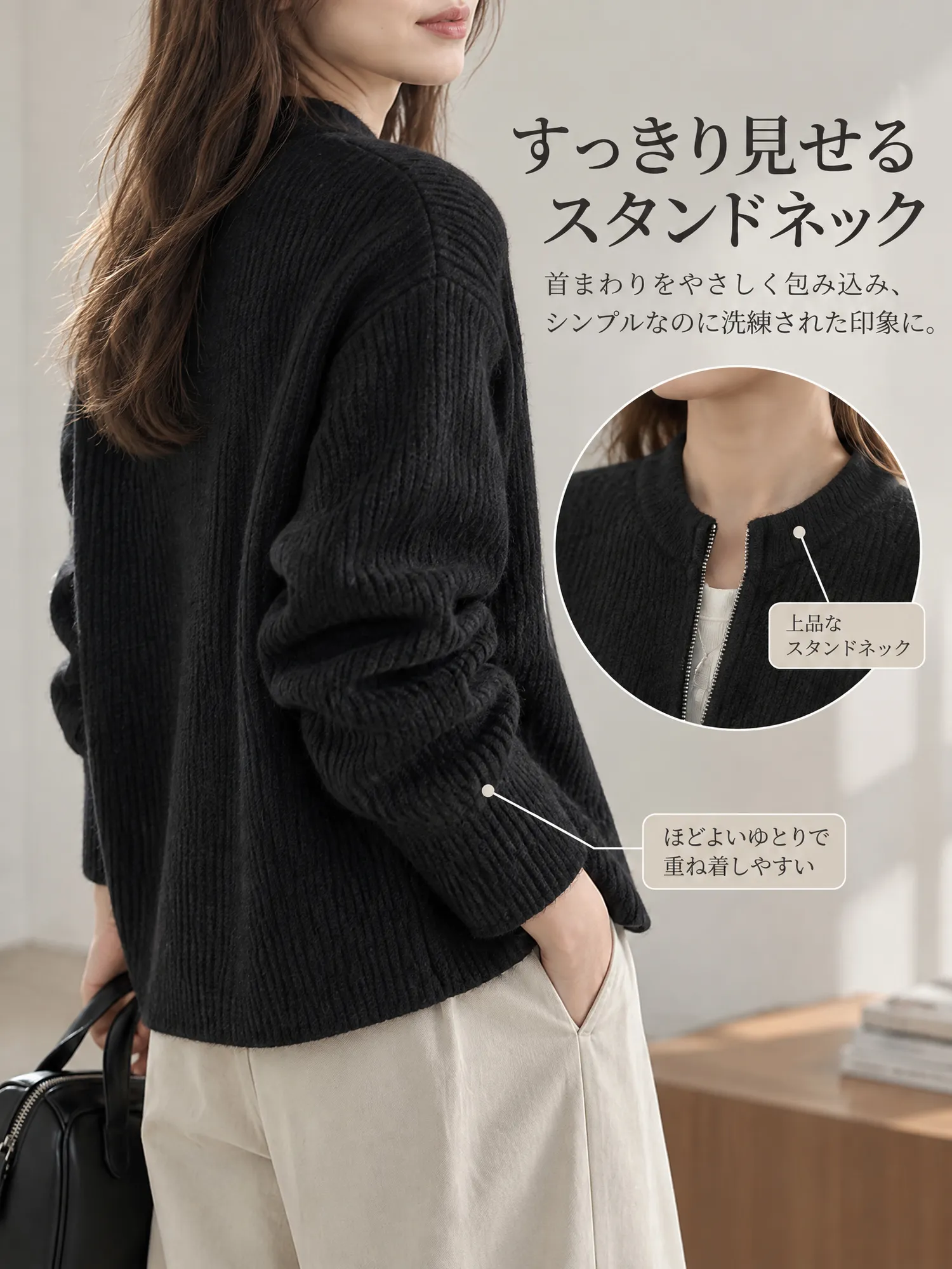 【クルーネック ダブルジップ ニットカーディガン】