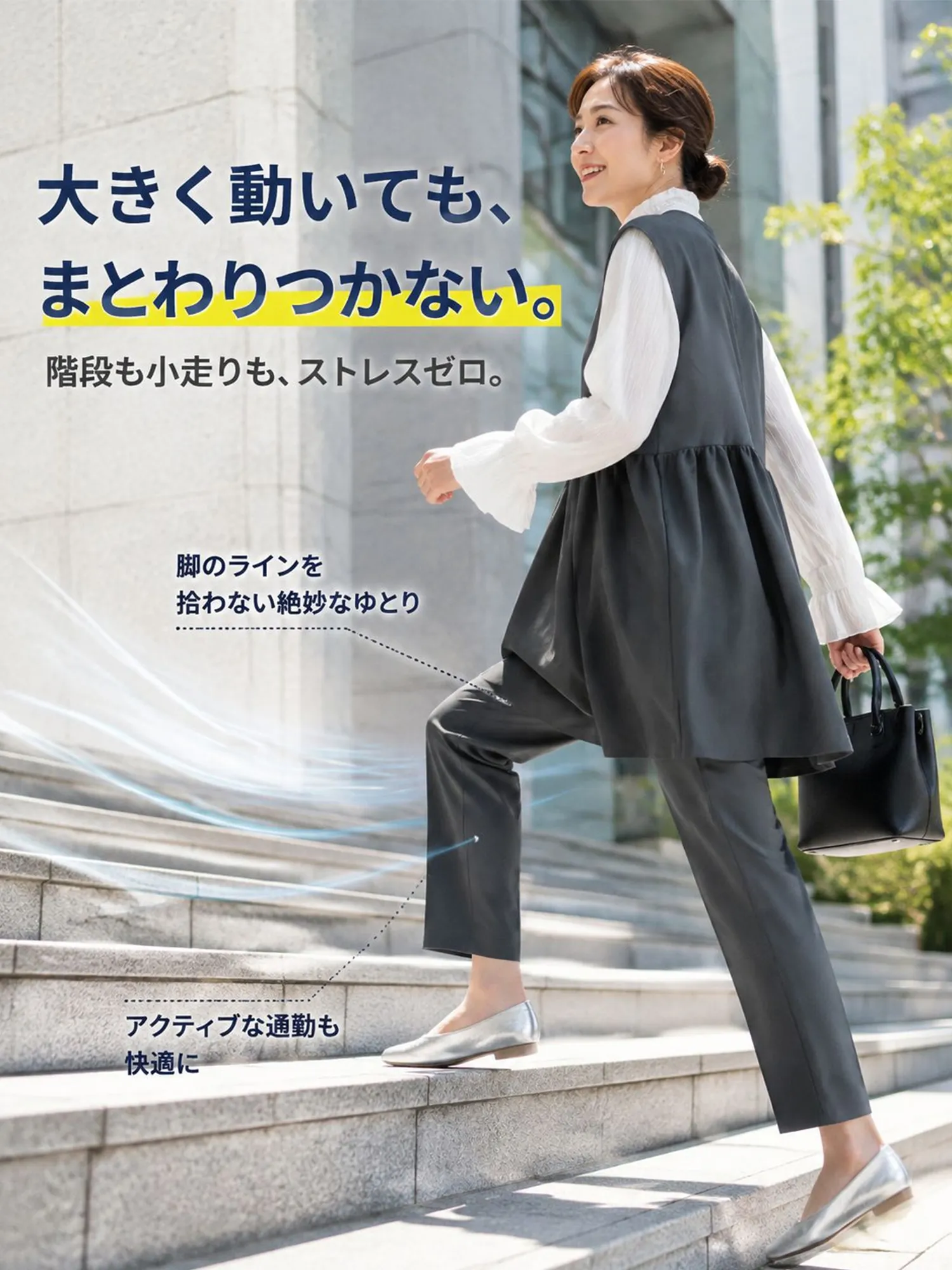 【シワになりにくい 通勤ベスト＋テーパードパンツセット】 ハイウエスト切り替えのフレアベストとテーパードパンツで、お腹まわりや脚のラインを自然にカバー。職場になじむきちんと感と、一日中快適な着心地を兼ね備えています。