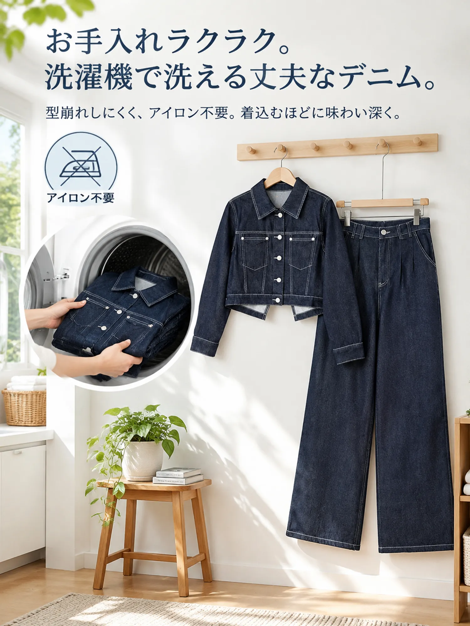 【スカーフ付き】デザインボタン短丈デニムジャケット＆ハイウエストワイドパンツセットアップ