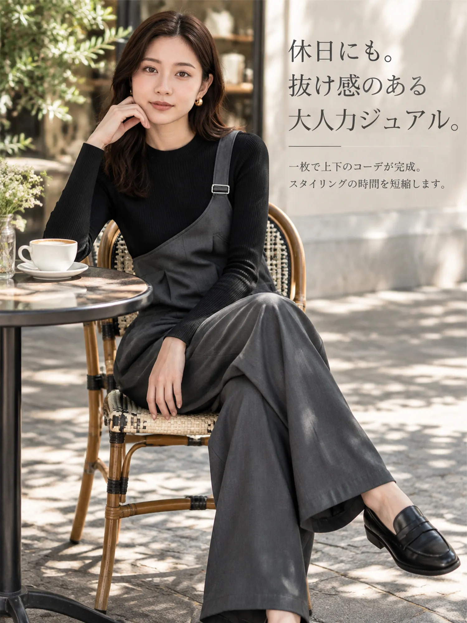 【デザイン性のある通勤向けアシンメトリー・ワンショルダー スーツ風サロペットパンツ】