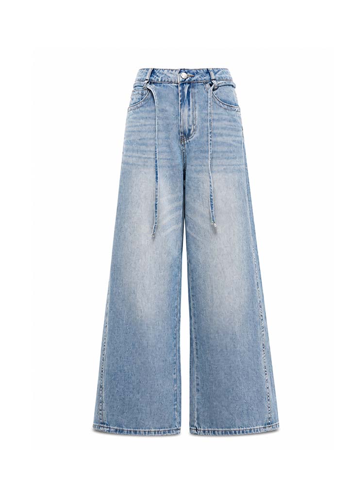 【ウエストドローコードストレートワイドジーンズ】ウエストから垂れる2本の細いストラップ：視線をそらし、お腹を目立たなくします。「クラシックハイウエスト設計」と組み合わせることで、胃もとから下腹部の脂肪をムラなくフラットに包み込み、引き上げます。
