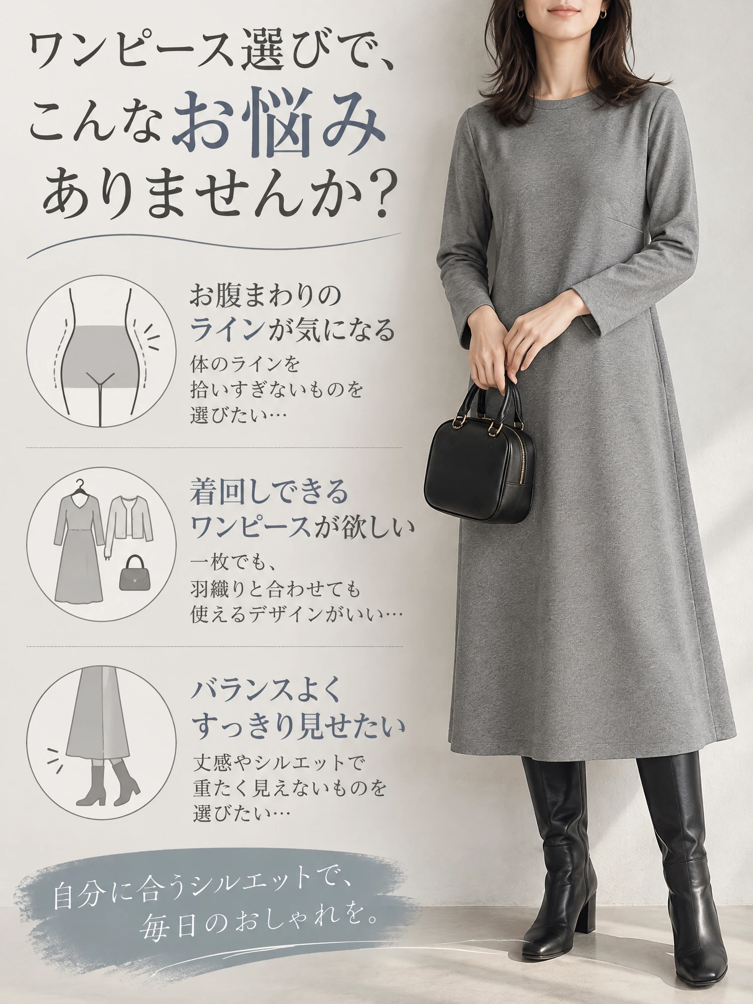 ［ ぽっこりお腹カバー ］ 上品なメリハリシルエットを叶える、大人の通勤ワンピース