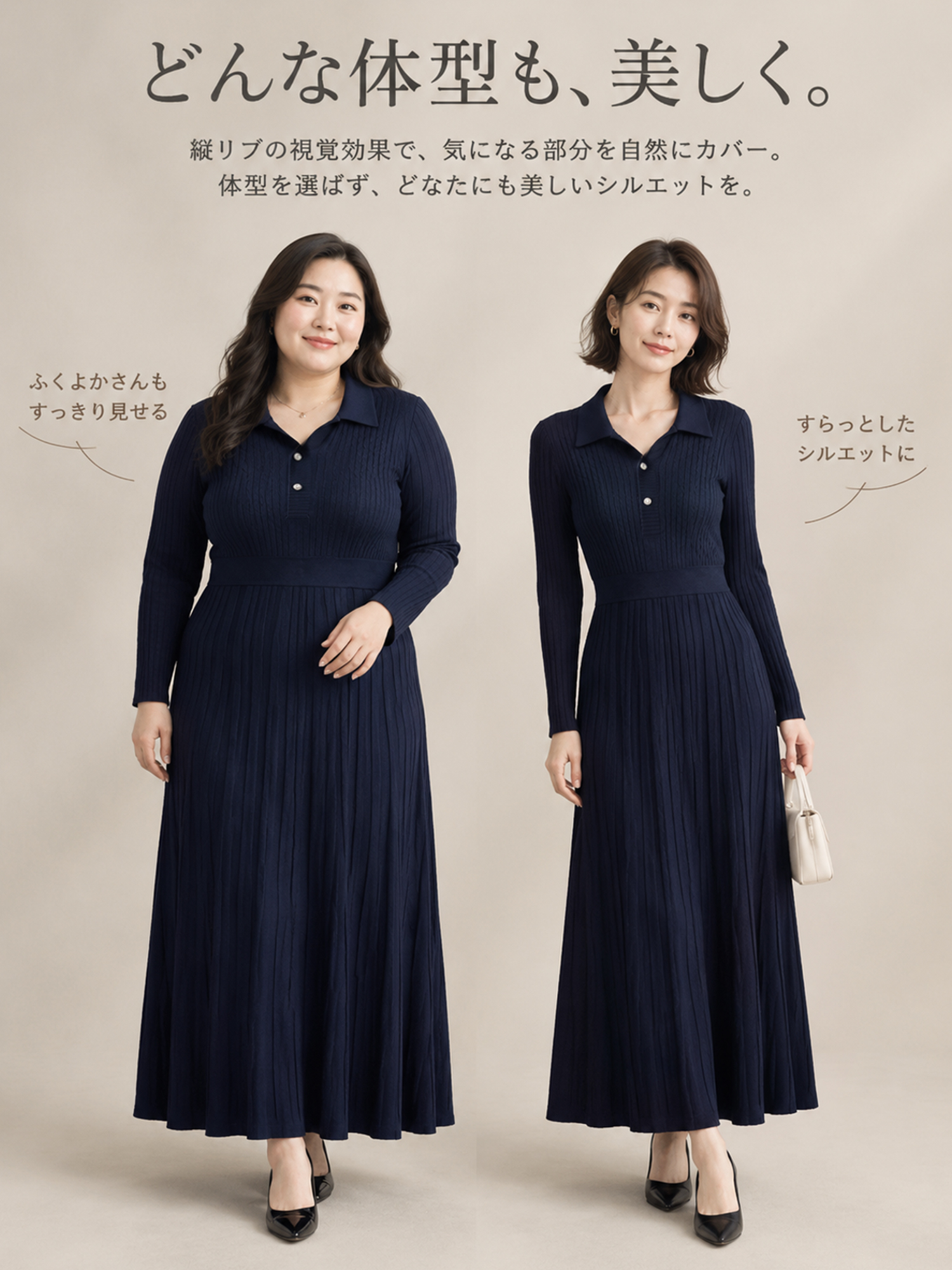【襟付きリブニット ウエストシェイプAラインプリーツワンピース】縦リブですっきり見え、ウエストラインを美しく演出。