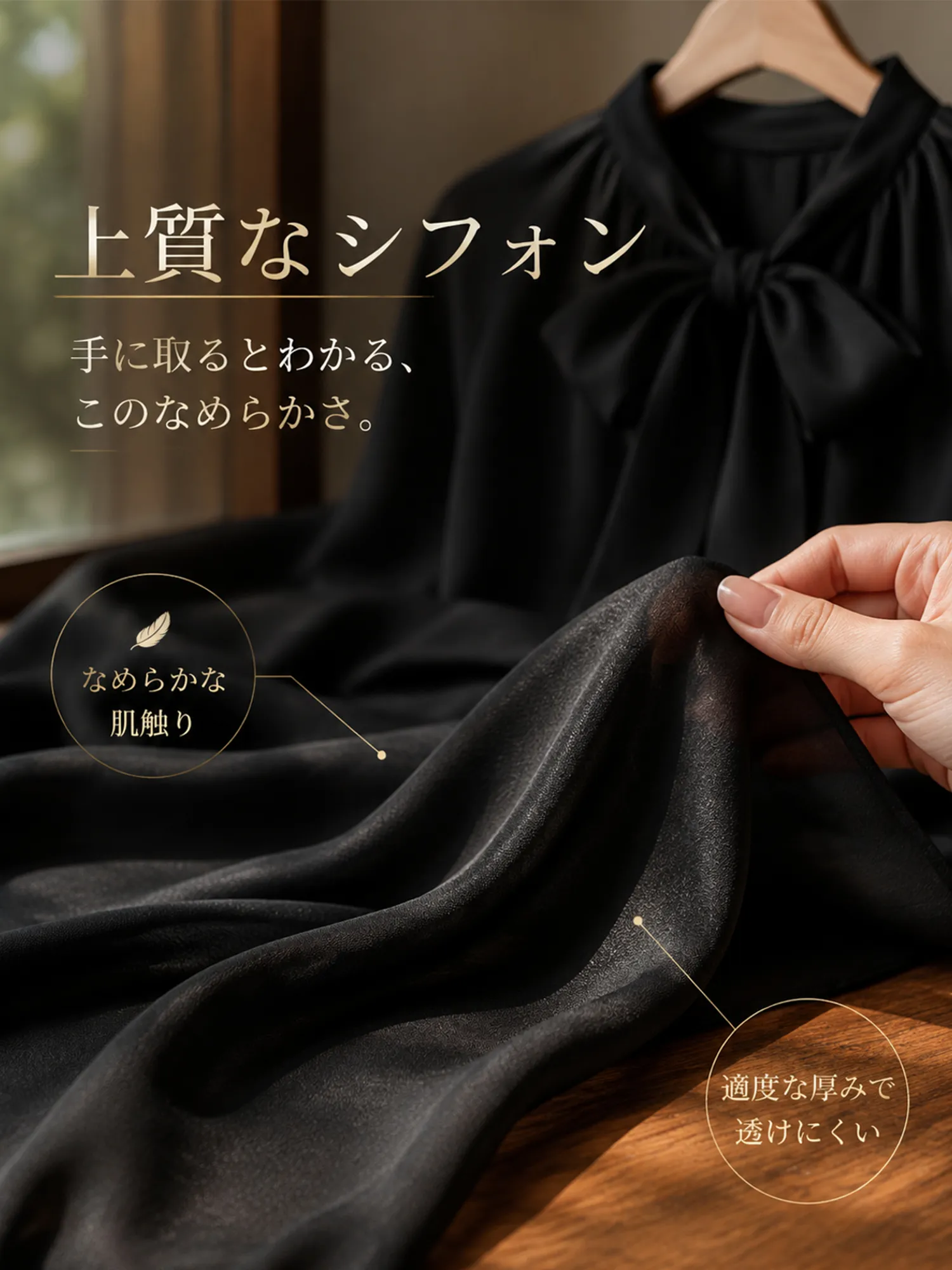 【前後2WAY着用・着痩せ見えボウタイブラウス】 立体感のある大きめボウタイを前後どちらでも楽しめる2WAYデザイン。気分に合わせて着こなしを変えられ、大人女性らしい上品で華やかな印象に仕上がります。