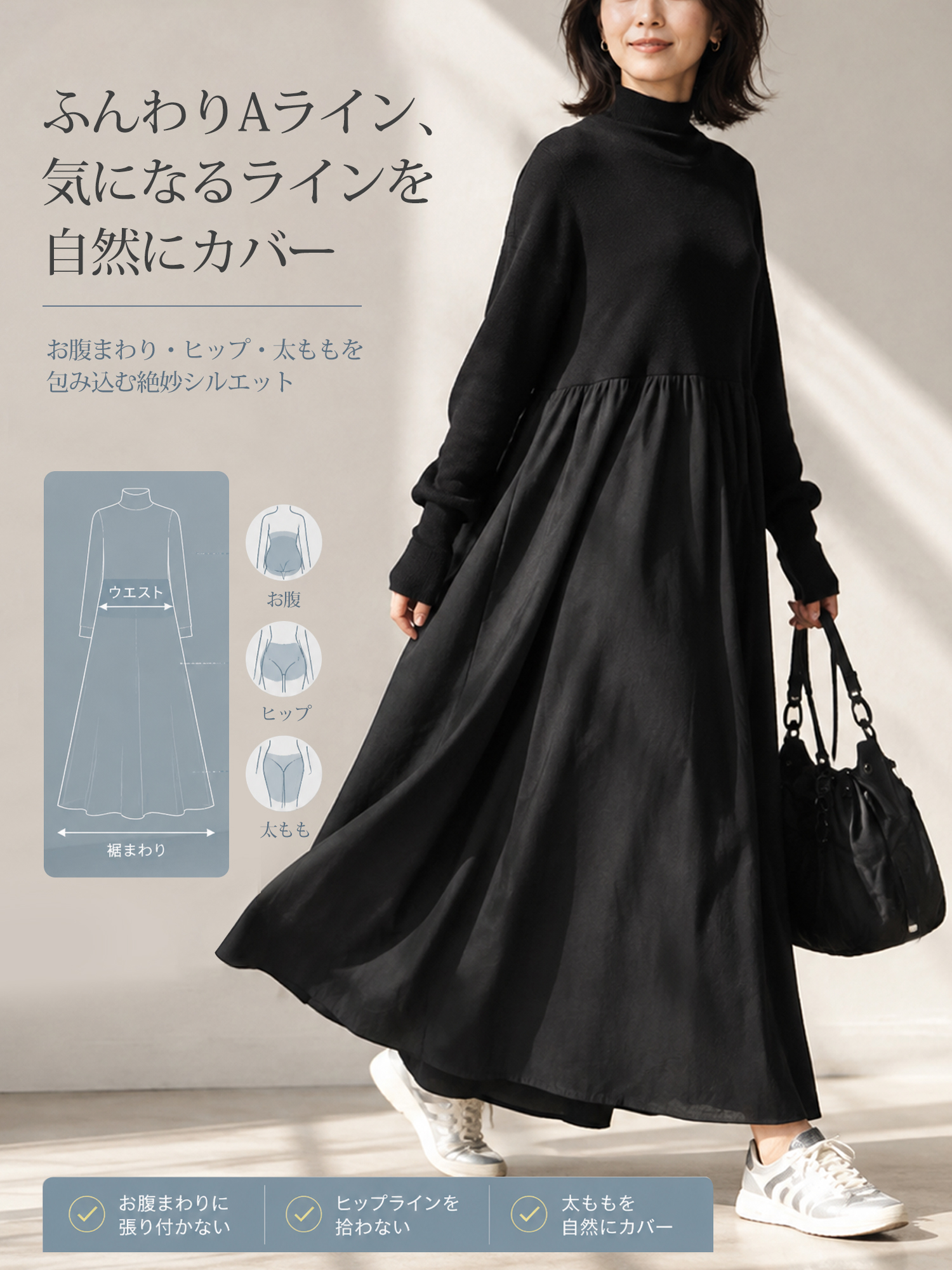【シンプルゆったりハイネック】ニット切り替えフレアロングワンピース｜長袖・上品見え