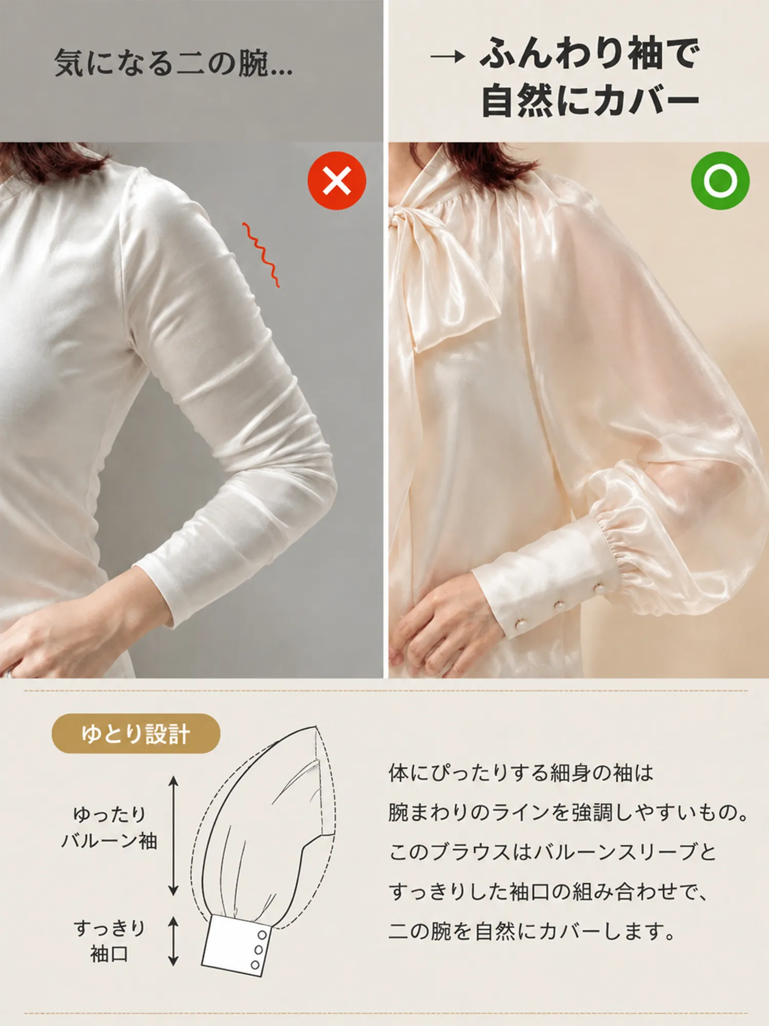 【前後2WAY着用・着痩せ見えボウタイブラウス】 立体感のある大きめボウタイを前後どちらでも楽しめる2WAYデザイン。気分に合わせて着こなしを変えられ、大人女性らしい上品で華やかな印象に仕上がります。