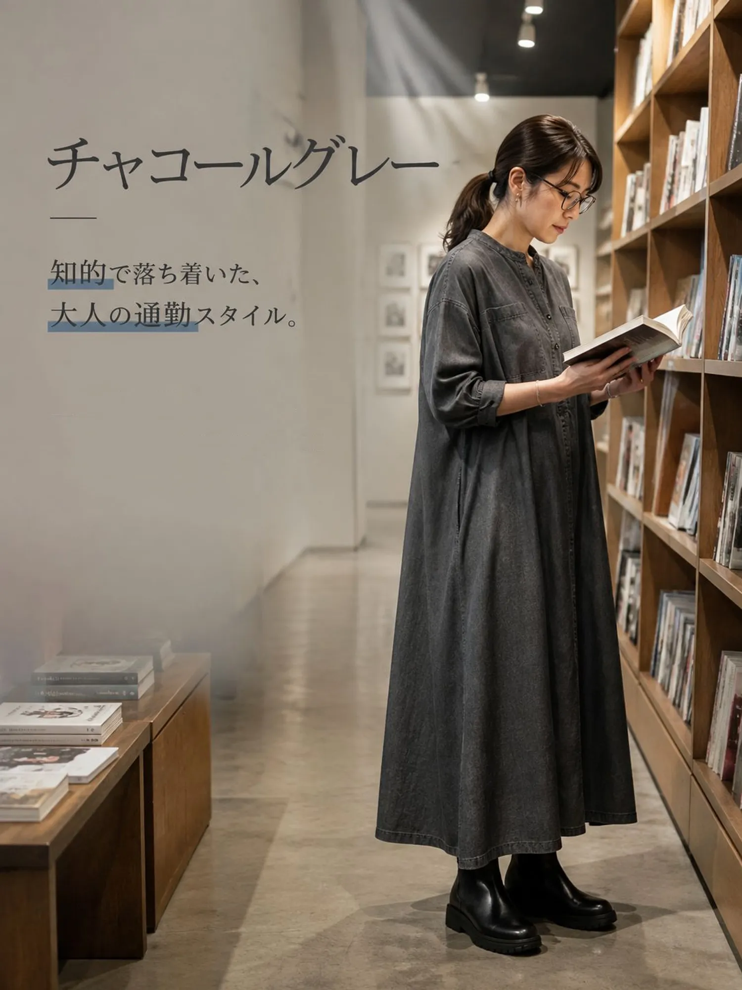 【ヴィンテージ風ルーズデニムシャツワンピース】ゆったりとしたストレートシルエットが、ウエスト・ヒップ・脚のラインを自然にカバー